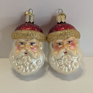 Lot of 2 Old World Christmas OWC Santa Head Glass Ornaments